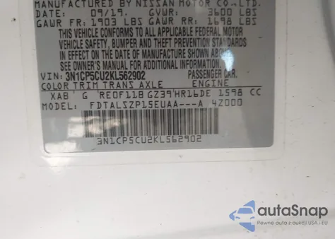 2019 Nissan Kicks Sv z USA, uszkodzony, nr VIN 3N1CP5CU2KL562902